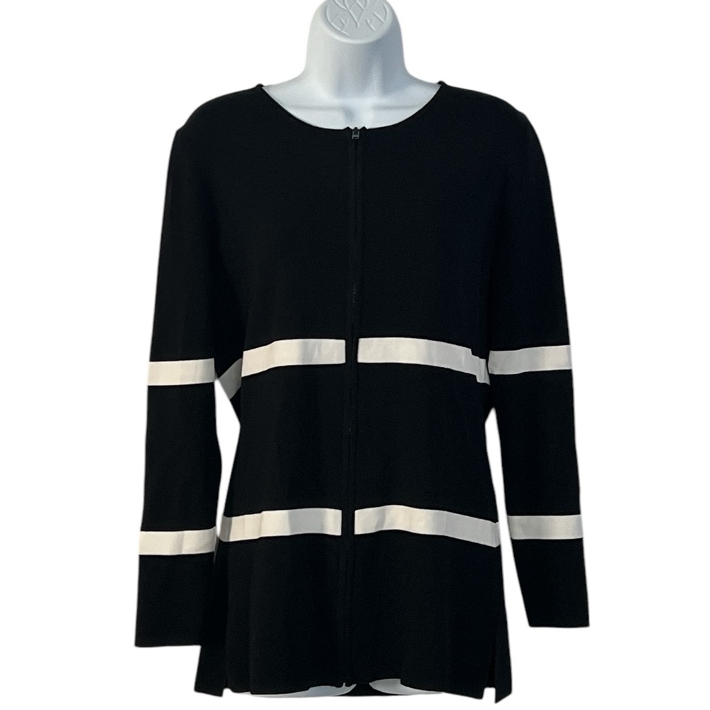 Chic Max Studio Black Cardigan Pant Suit with White Stripes Sz M